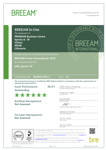 BREEAM Certificate - highest rating